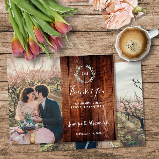 Flyer Presupuesto agradecimiento de boda de madera rústi (Budget rustic wood photo Thank you wedding Flyer. You can add your own photos to personalize,)