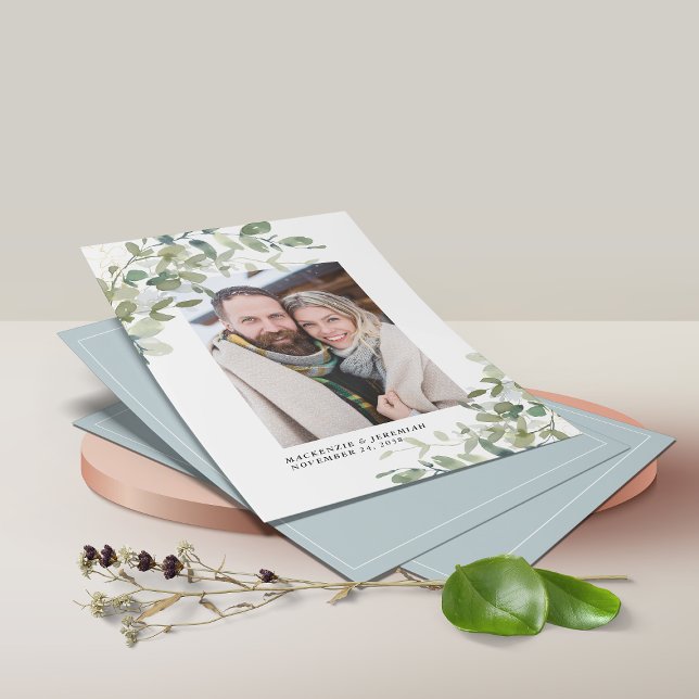 Flyer PRESUPUESTO Azul Eucalipto Boda Foto Guardar fecha (Subido por el creador)