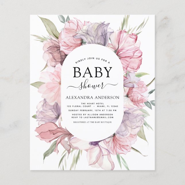 Flyer Presupuesto Baby Shower Boho Dusty Pink Purple (Frente)
