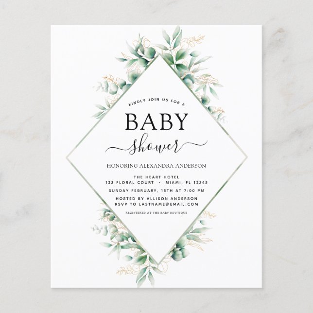 Flyer Presupuesto Baby Shower Eucalyptus Geométrico Botá (Frente)