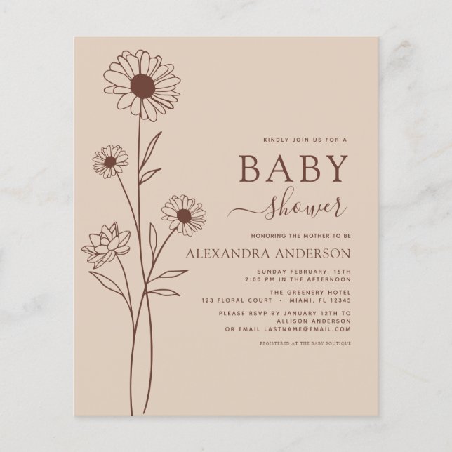 Flyer Presupuesto Baby Shower Minimalista Floral Botánic (Frente)