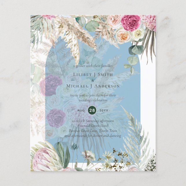 Flyer PRESUPUESTO Boda de Grasa Blue Pampas Floral Rosa  (Frente)