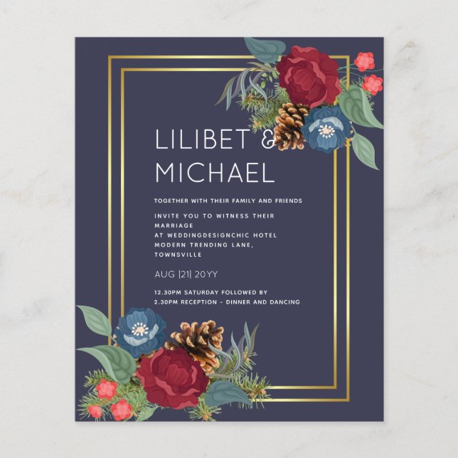 Flyer PRESUPUESTO Boda de invierno Borgoña Azul Verde az (Frente)