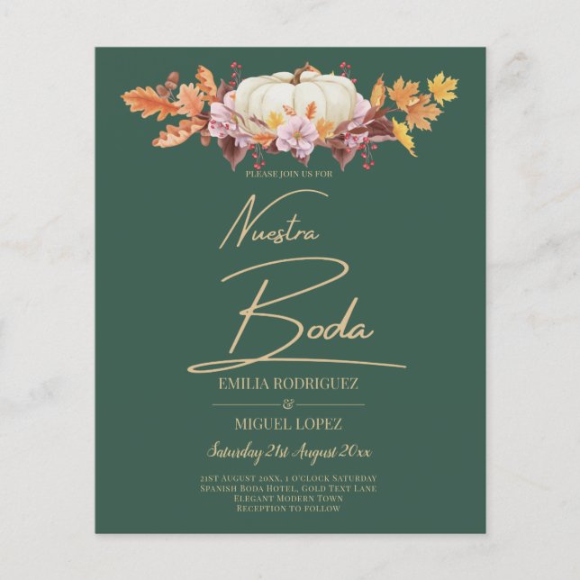 Flyer PRESUPUESTO Boda española Calabaza Verde Dorado Bo (Frente)