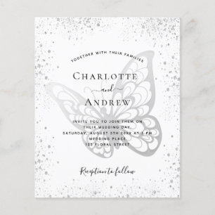 Flyer Presupuesto boda mariposa gris plateado con brillo