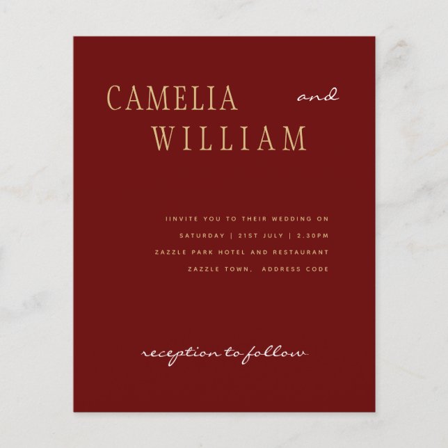 Flyer PRESUPUESTO Boda moderno Burgundy Gold INVITE (Frente)