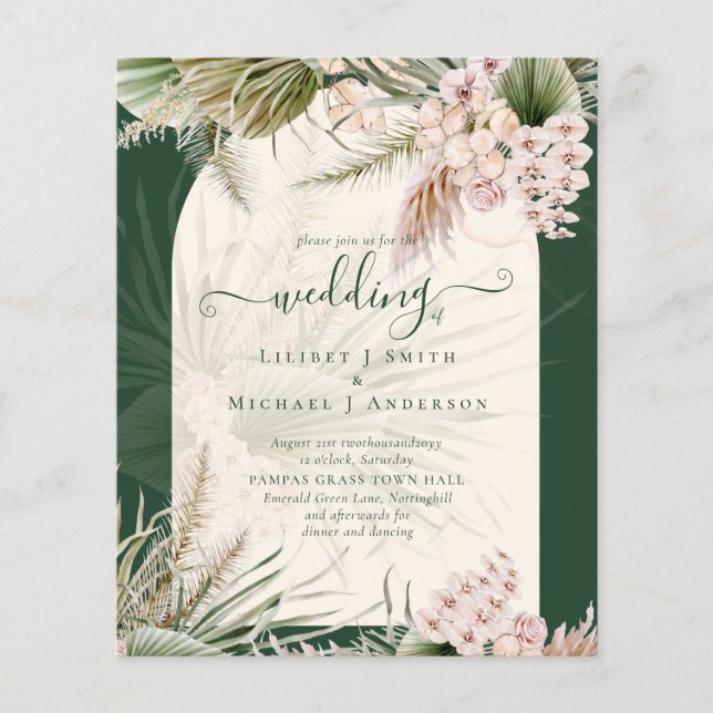 Flyer PRESUPUESTO BOHO Pampas Invitación a la Boda Verde (Frente)