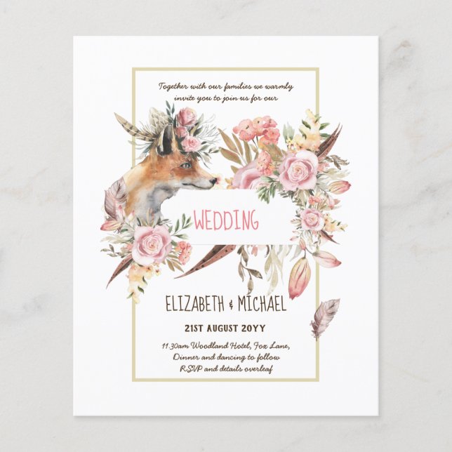 Flyer PRESUPUESTO Boho Woodland FOX Boda Floral Moderno (Frente)