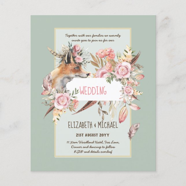 Flyer PRESUPUESTO Boho Woodland FOX Boda Floral Moderno (Frente)