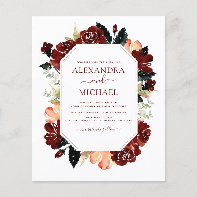 Flyer Presupuesto Borgoña Azul Marino Floral Boda Elegan (Frente)