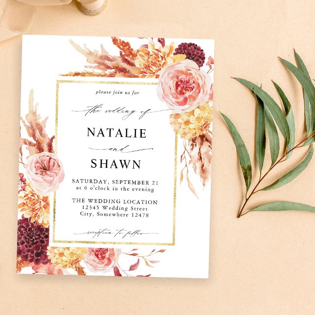 Flyer Presupuesto Borgoña dorada y Boda floral rosa Rubo (Subido por el creador)