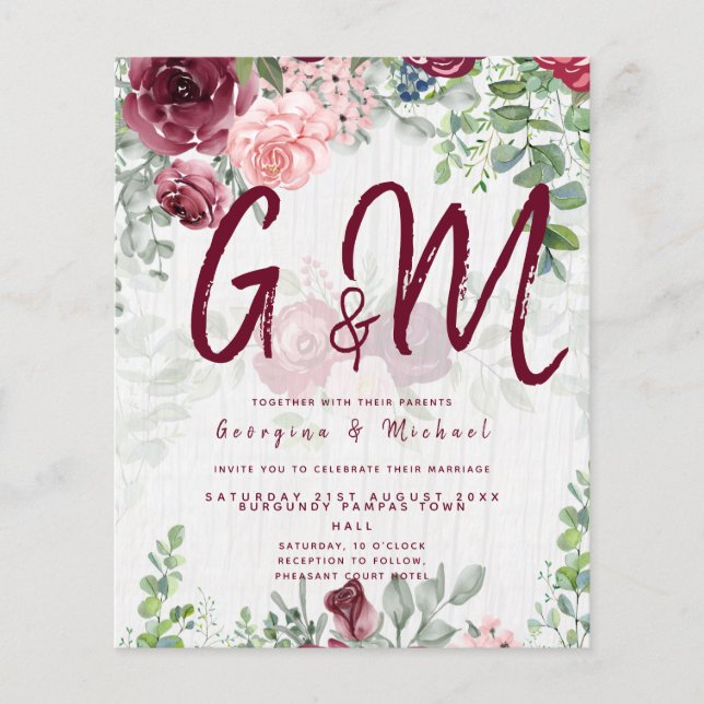 Flyer PRESUPUESTO Borgoña Rubor Pink Floral Wedding INVI (Frente)