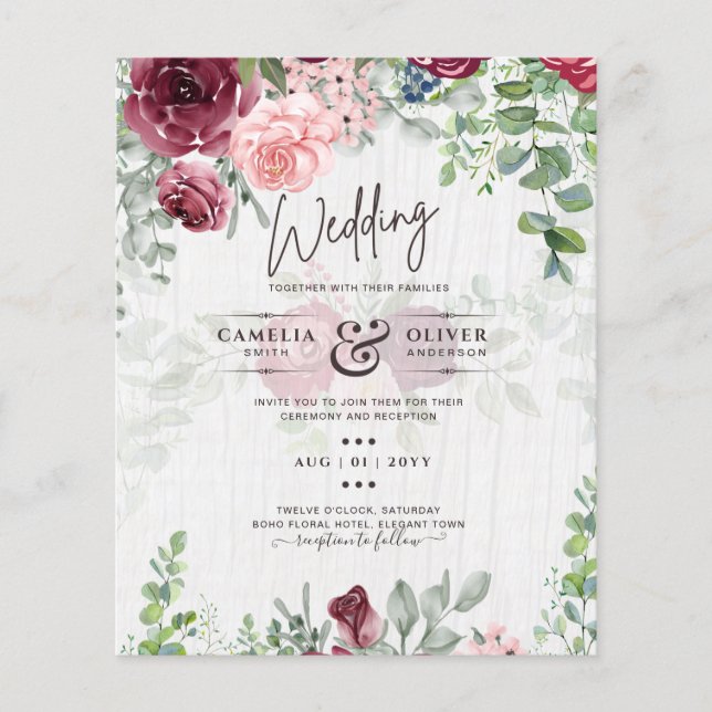 Flyer PRESUPUESTO Borgoña Rubor Pink Floral Wedding INVI (Frente)