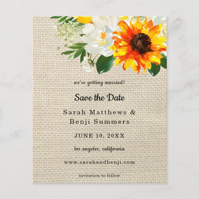 Flyer Presupuesto Burlap Sunflower & Whi Floral Save the (Frente)