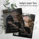 Flyer Presupuesto CÓDIGO QR invitación a la boda con fot<br><div class="desc">Elegante y sencillo presupuesto mínimo personalizado asequible 2 foto transparente moody negro overlay (frontal e inverso) PRESUPUESTO asequible invitación a boda planilla PAPER FLYER con su escaneo QR CODE con un elegante y elegante guión de caligrafía de moda. Fácil de personalizar con sus detalles e imágenes! La invitación es apta...</div>