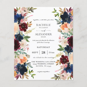 Flyer Presupuesto de Boda Naval, Floral Burgundy, Rosa y