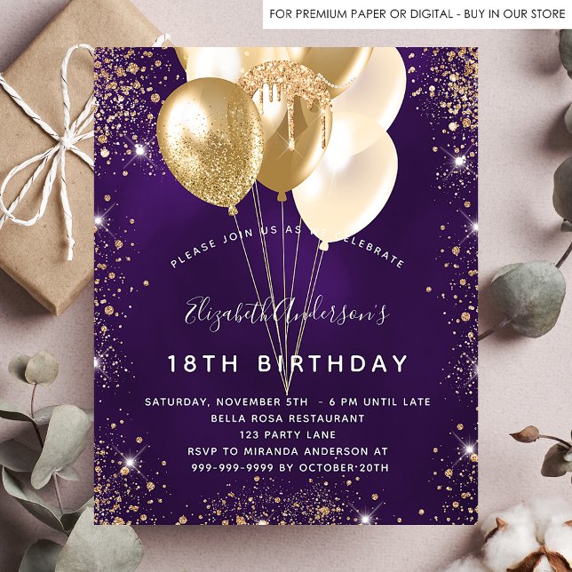Flyer Presupuesto de globos purpurinas de oro morado de  (Subido por el creador)