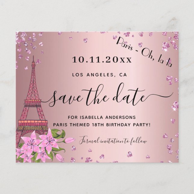 Flyer Presupuesto de parís rosa rubor de cumpleaños guar (Frente)
