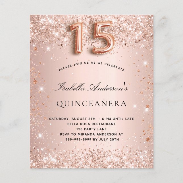 Flyer Presupuesto del purpurina de oro rosa Quinceanera (Frente)