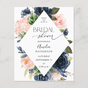 Flyer Presupuesto Ducha de Novia Floral Azul Marino y Ro