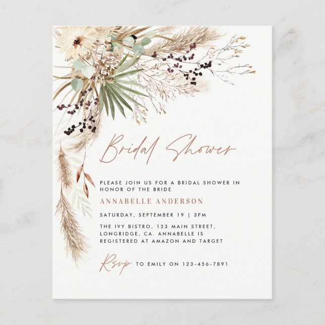 Flyer presupuesto Ducha de novia pampas invitación de bo (Frente)