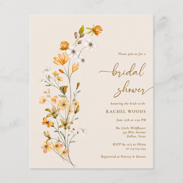 Flyer PRESUPUESTO Elegante Boho Wildflower Bridal Shower (Frente)