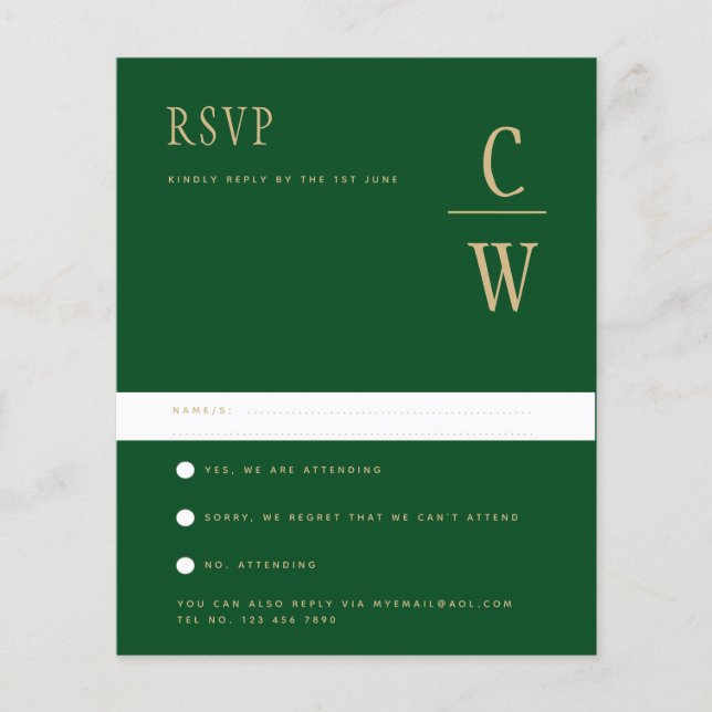 Flyer PRESUPUESTO Emerald Green Gold Wedding RSVP (Frente)