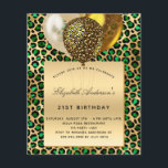 Flyer Presupuesto en globo de oro de leopardo verde de l<br><div class="desc">Tenga en cuenta que esta invitación está en papel de volante y es muy delgada. Los sobres no están incluidos. Para invitaciones más gruesas (el mismo diseño) visite nuestra tienda. Para un elegante cumpleaños número 21 (o cualquier edad). Un leopardo verde esmeralda y dorado, fondo de patrón de chita. Un...</div>
