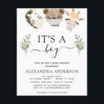 Flyer Presupuesto es un niño Baby Shower Woodland Eucaly<br><div class="desc">Los animales de Woodland con máscaras pandémicas de seguridad por virus de la Corona - Oso, cebra, Giraffe Eucalyptus Greenery Primavera de acuarela botánica y Purpurina de oro Faux It's a Boy Baby Shower sobre fondo blanco - incluyen una bella y elegante tipografía de escritura con hojas botánicas modernas y...</div>