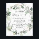 Flyer presupuesto eucalipto acuarela follaje ducha bebé<br><div class="desc">presupuesto elegante eucalipto lindo elefante follaje invitación a la ducha bebé.</div>