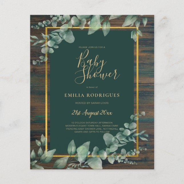Flyer PRESUPUESTO Eucalyptus Greenery BABY SHOWER Rústic (Frente)