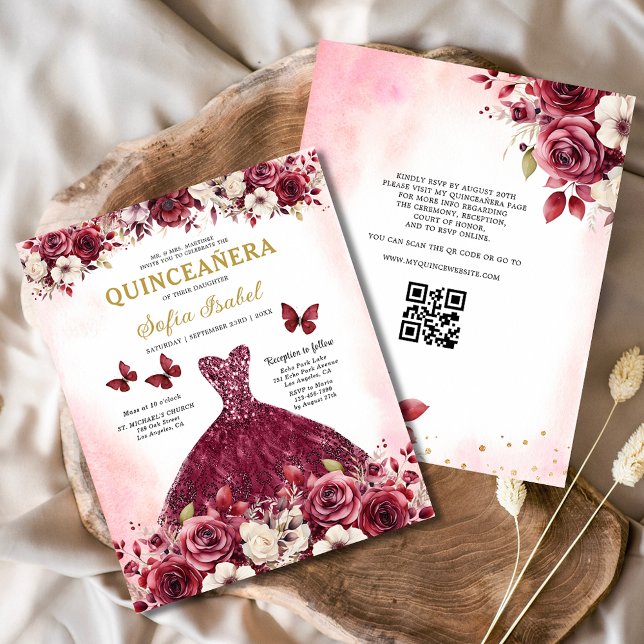 Flyer Presupuesto Floral Borgoña Código QR Quinceanera (Subido por el creador)