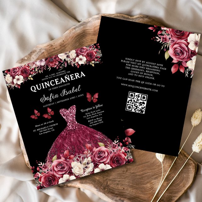 Flyer Presupuesto Floral Borgoña Código QR Quinceanera (Subido por el creador)