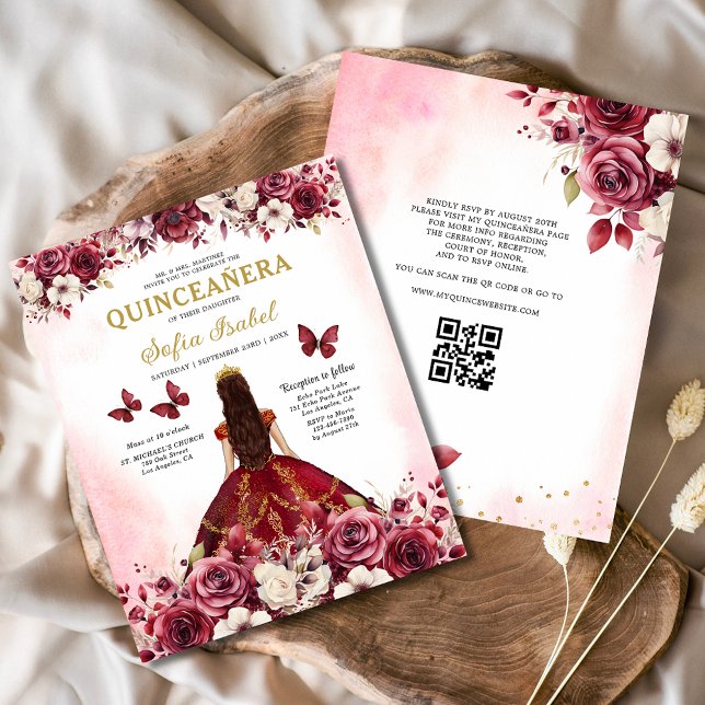 Flyer Presupuesto Floral Borgoña Código QR Quinceanera (Subido por el creador)