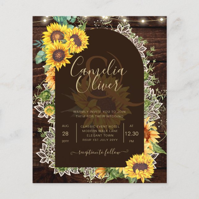 Flyer PRESUPUESTO Girasoles Luces Encaje Boda INVITACIÓN (Frente)