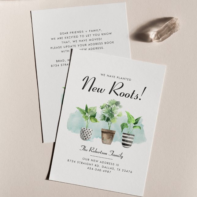 Flyer Presupuesto Hemos plantado nuevas raíces de Invita (New Roots Plants Watercolor Moving Announcement)