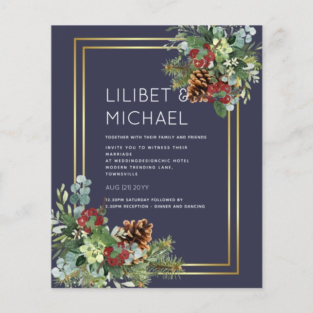 Flyer PRESUPUESTO Invierno Red Berries Pine Cones Boda (Frente)