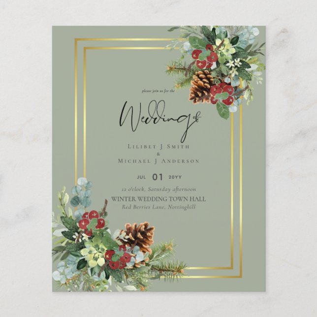 Flyer PRESUPUESTO Invierno Red Berries Pine Cones Boda (Frente)