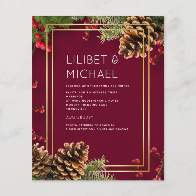 Flyer PRESUPUESTO Invierno Red Berries Pine Cones Boda (Frente)