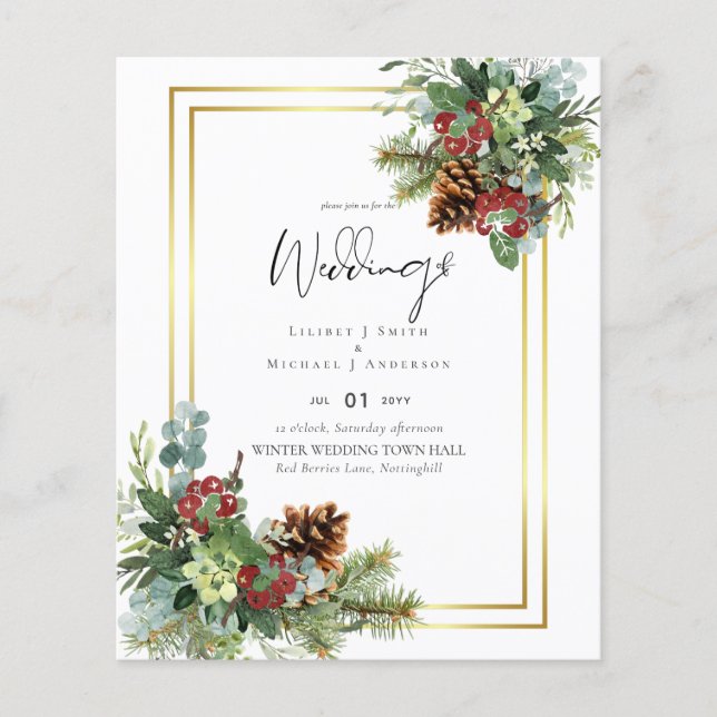 Flyer PRESUPUESTO Invierno Red Berries Pine Cones Boda (Frente)