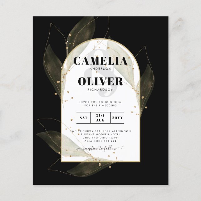 Flyer PRESUPUESTO Jet Black Gold Leaves Wedding INVITE (Frente)
