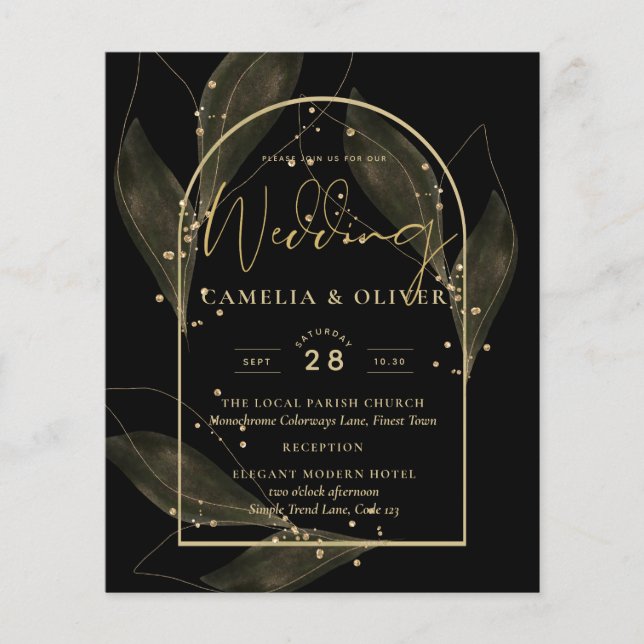Flyer PRESUPUESTO Jet Black Gold Leaves Wedding INVITE (Frente)