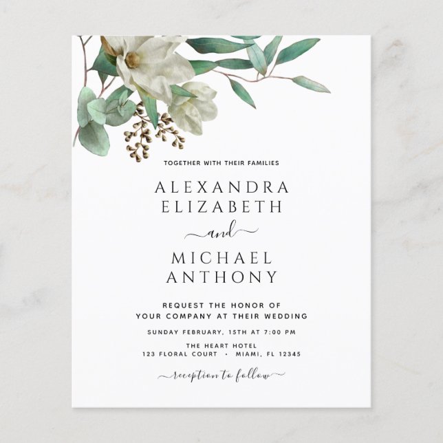 Flyer Presupuesto Magnolia Eucalyptus Foto Boda Elegante (Frente)