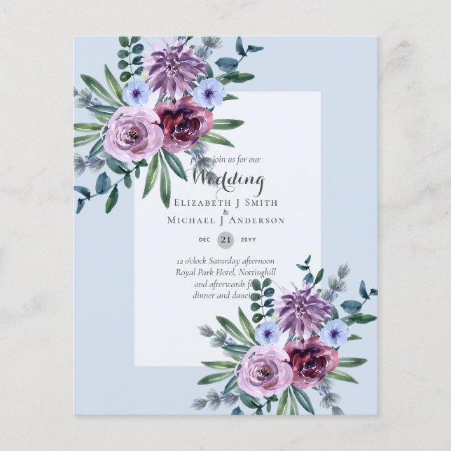 Flyer PRESUPUESTO Morado Burgundy Blue Floral Wedding (Frente)