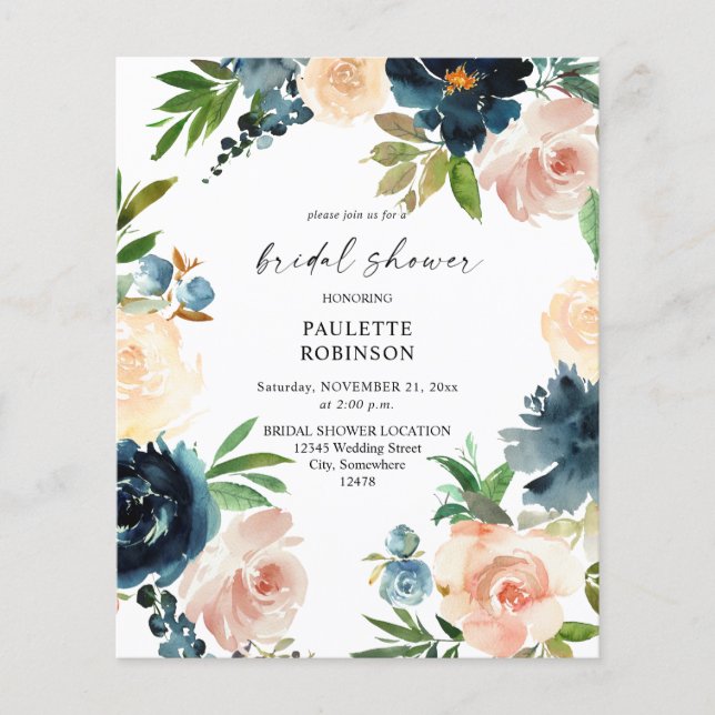 Flyer Presupuesto Navy & Azul Polvo, Baby Shower Rosa (Frente)