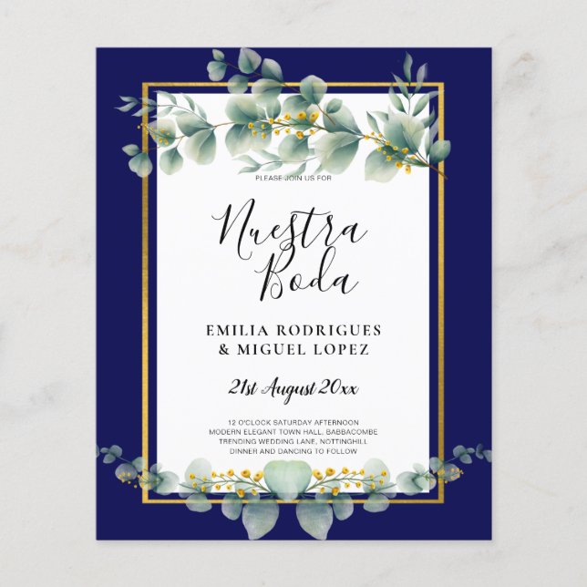 Flyer PRESUPUESTO NAVY GOLD Eucalyptus Wedding Invitar C (Frente)