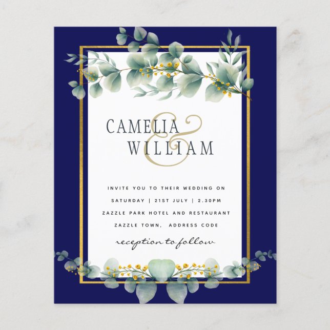 Flyer PRESUPUESTO NAVY GOLD Eucalyptus Wedding Invitar C (Frente)