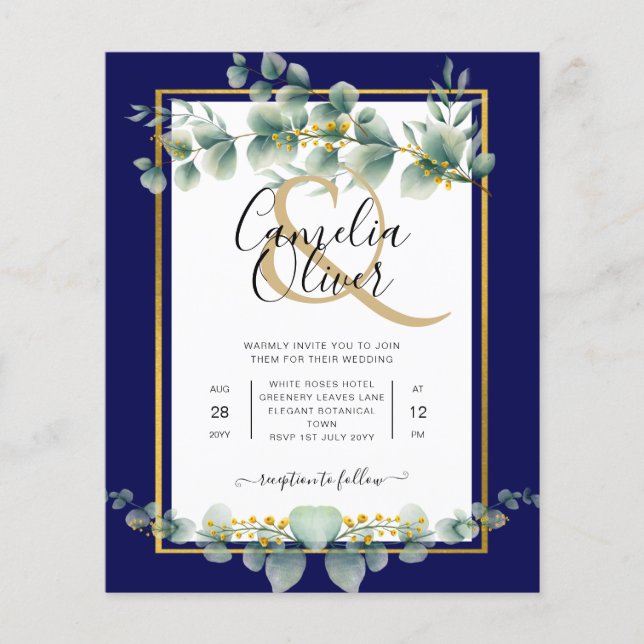 Flyer PRESUPUESTO NAVY GOLD Eucalyptus Wedding Invitar C (Frente)