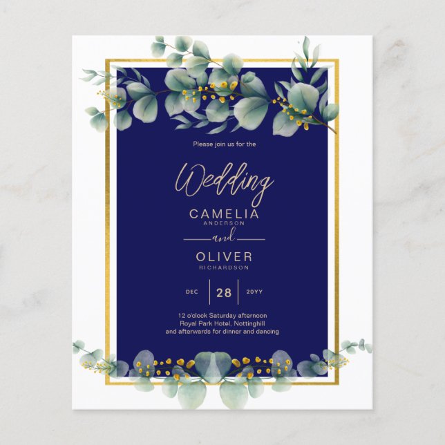 Flyer PRESUPUESTO NAVY GOLD Eucalyptus Wedding Invitar C (Frente)