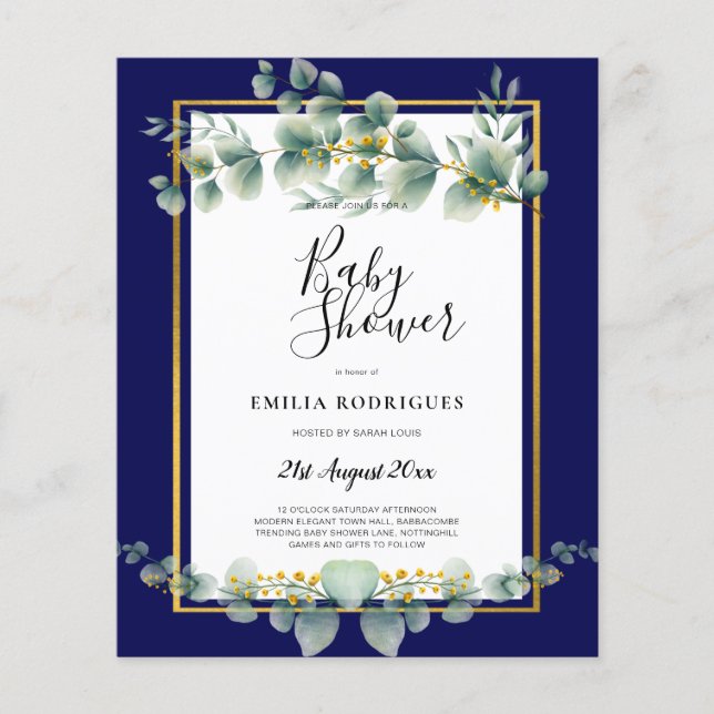 Flyer PRESUPUESTO NAVY GOLD Greenery Eucalyptus BABY SHO (Frente)